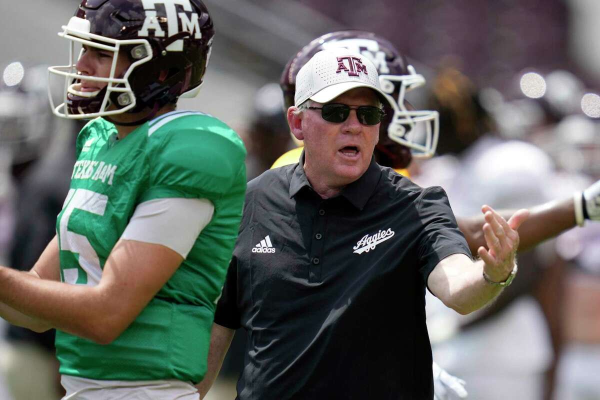 Texas A&M offensive coordinator Bobby Petrino looks on during the Aggies' annual Maroon & White game on April 15, 2023. 