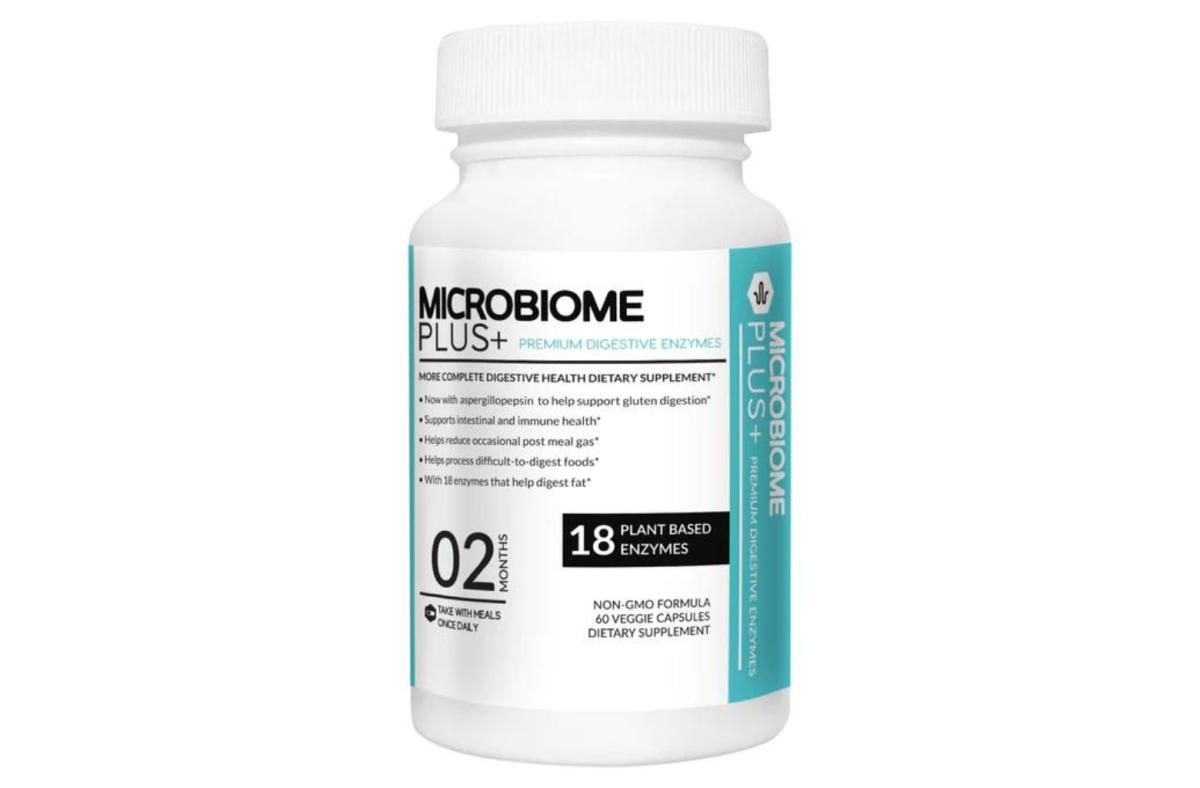 A bottle of Microbiome Plus+ Digestive Enzymes