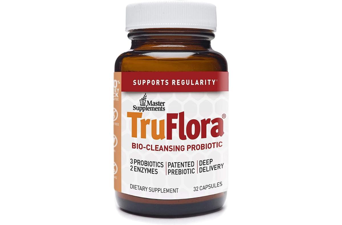 A bottle of TruFlora Bio-Cleansing Probiotic capsules