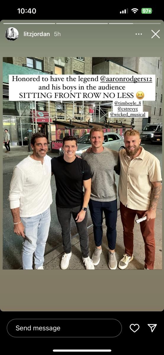 Aaron Rodgers outside Gershwin Theatre