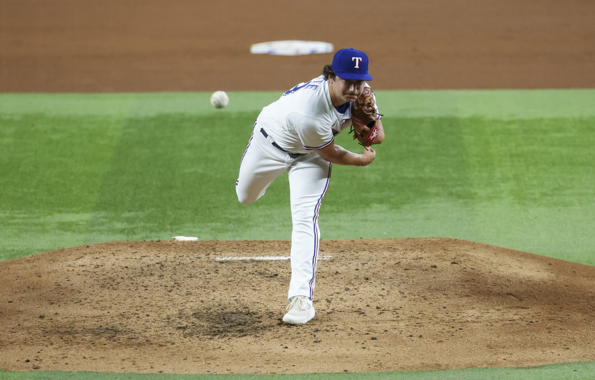 Jun 13, 2023; Arlington, Texas, USA; Texas Rangers relief pitcher Owen White (43) throws during the fifth inning against the Los Angeles Angels at Globe Life Field. Mandatory Credit: Kevin Jairaj-USA TODAY Sports