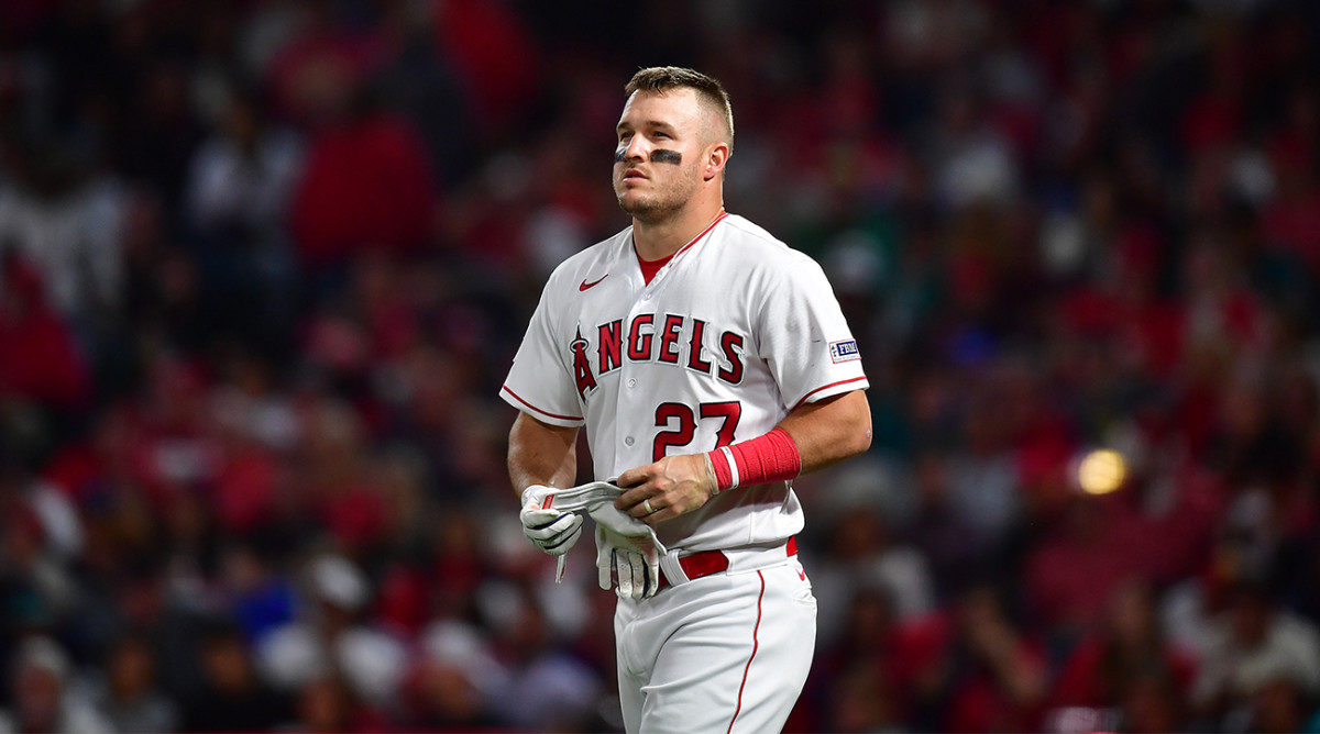 Angels’ Mike Trout stares into the distance after striking out.