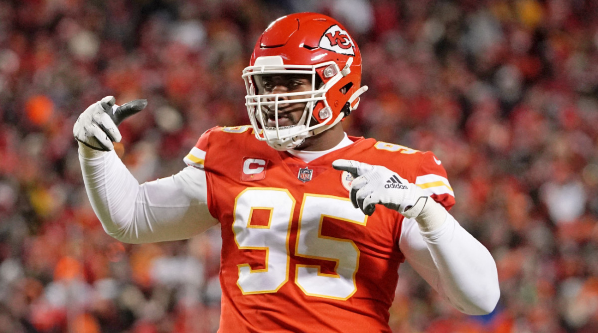 Chiefs defensive tackle Chris Jones reacts to a play during the 2022 season AFC championship.