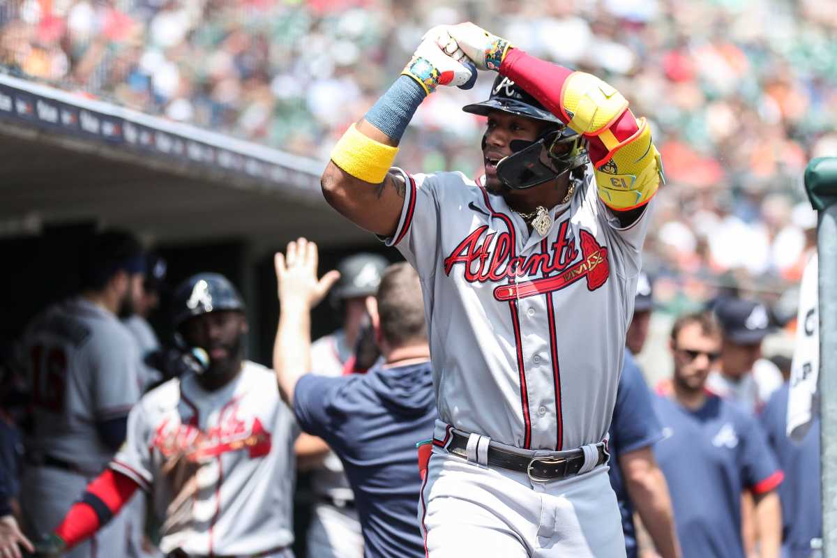 Braves right fielder Ronald Acuna Jr. celebrates a homer against Tigers during the third inning of the first game of the doubleheader at Comerica Park on Wednesday, June 14, 2023.