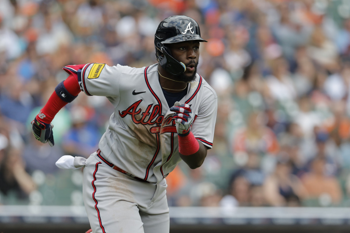 Jun 14, 2023; Detroit, Michigan, USA; Atlanta Braves center fielder Michael Harris II (23) runs to first after he hits an two RBI double in the fourth inning against the Detroit Tigers at Comerica Park.