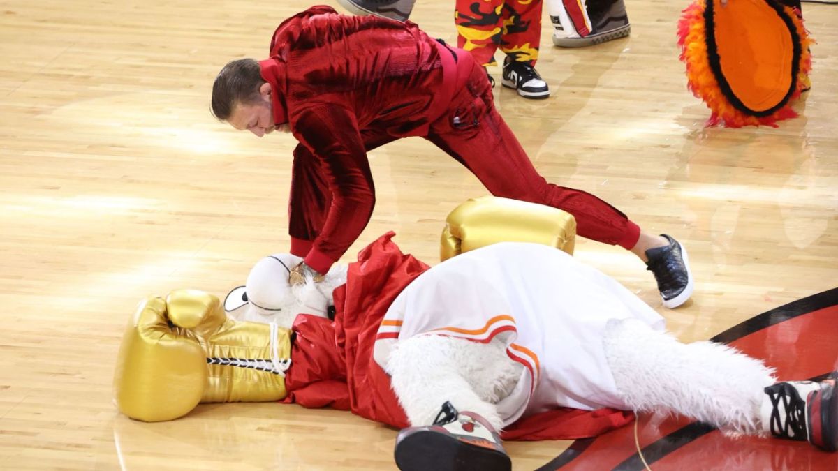 UFC megastar Conor McGregor knocks out Miami Heat mascot Burnie as part of a skit during game four of the NBA Finals.