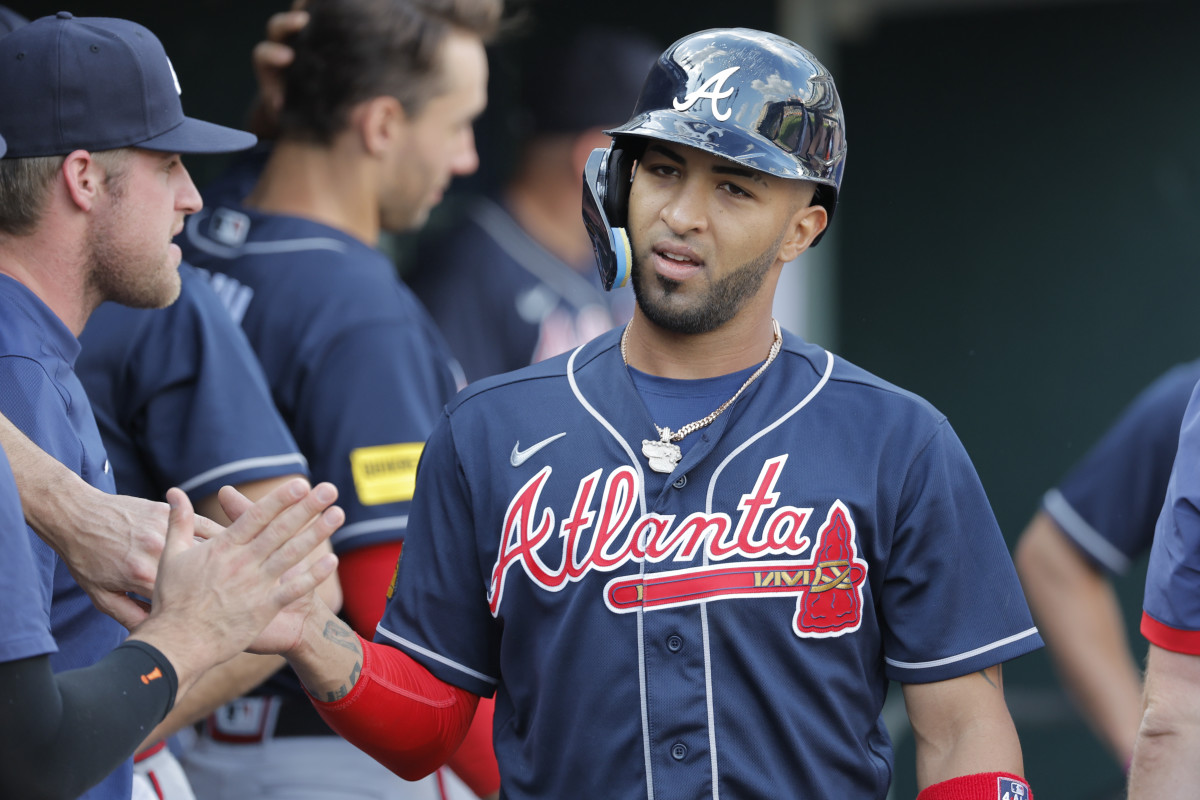 Jun 14, 2023; Detroit, Michigan, USA; Atlanta Braves left fielder Eddie Rosario (8) celebrates with teammates after scoring against the Detroit Tigers in the fourth inning at Comerica Park.