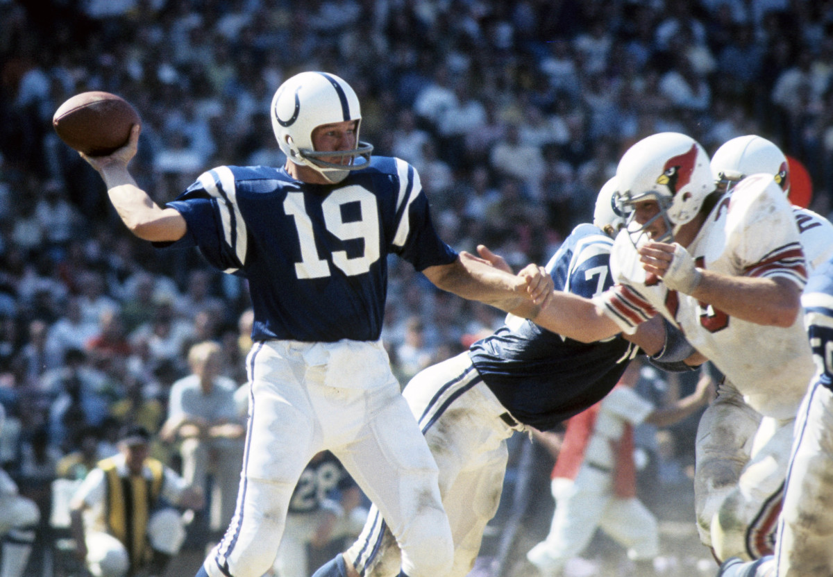 Sep 17, 1972; Baltimore, MD, USA: FILE PHOTO; Baltimore Colts quarterback Johnny Unitas (19) in action against the St. Louis Cardinals at Memorial Stadium. Mandatory Credit: Herb Weitman-USA TODAY Sports