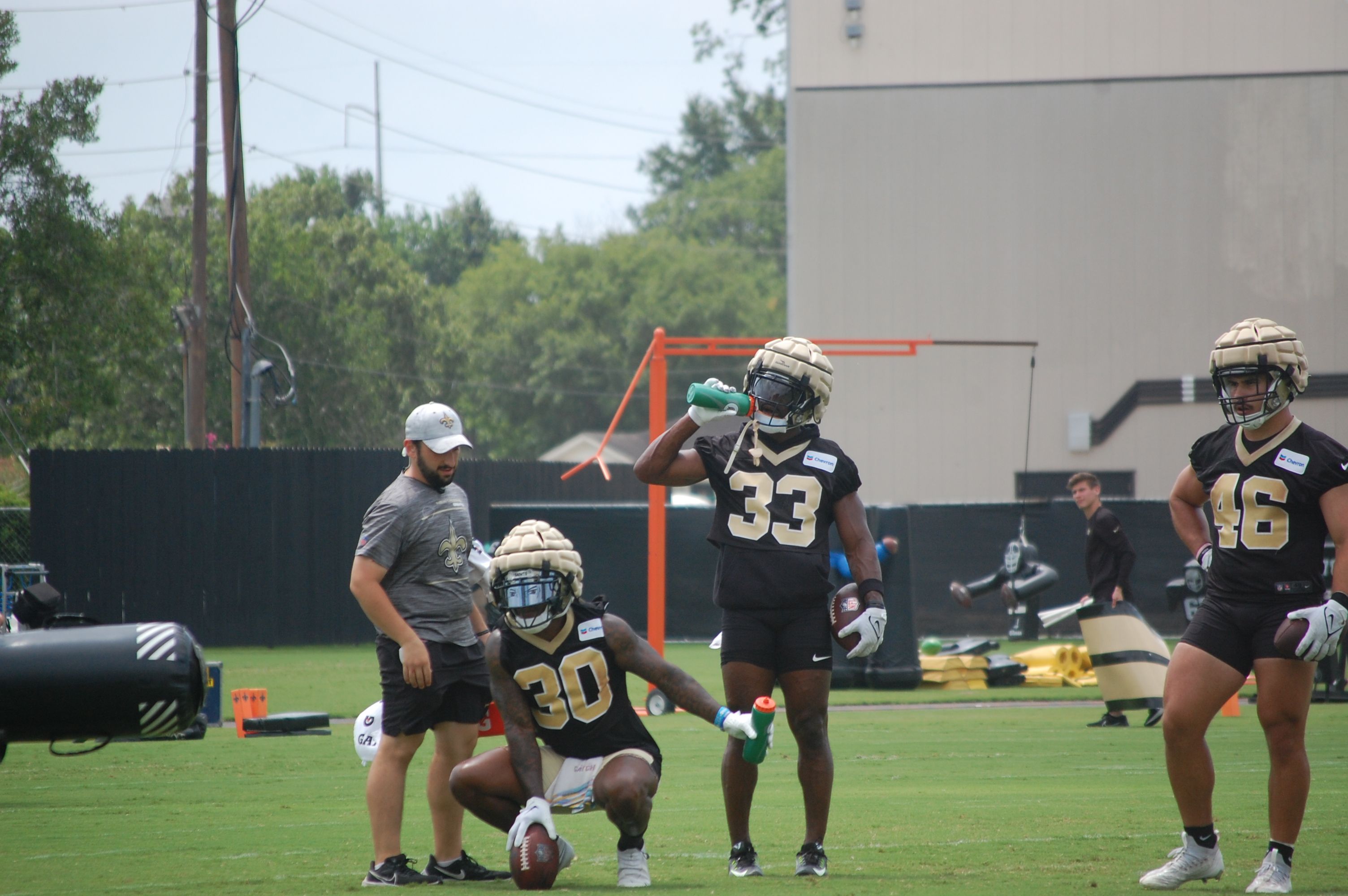 Jamaal Williams alongside Kirk Merritt in between reps at minicamp