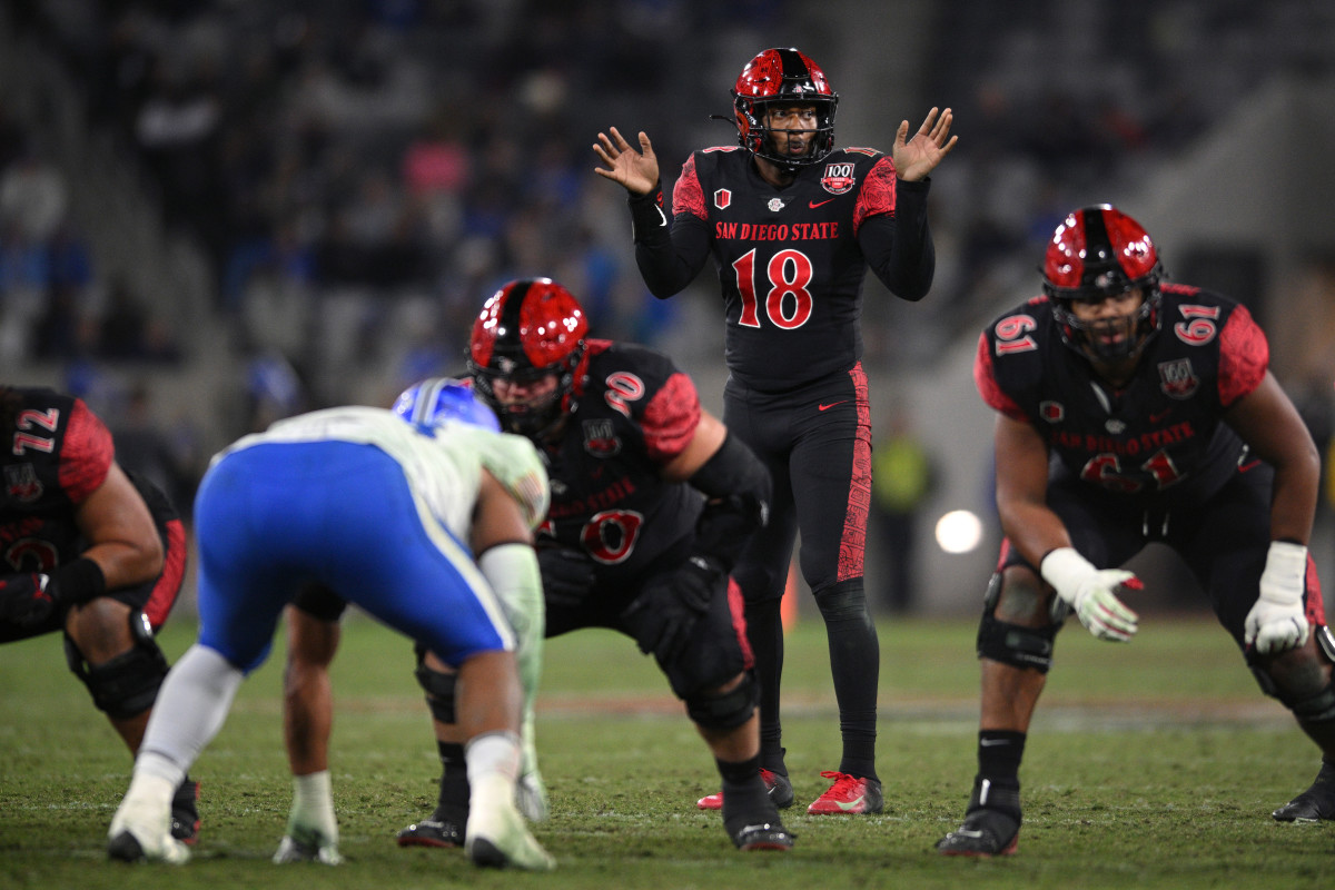 Nov 26, 2022; San Diego, California, USA; San Diego State Aztecs quarterback Jalen Mayden (18) gestures at the line of scrimmage during the second half against the Air Force Falcons at Snapdragon Stadium. Mandatory Credit: Orlando Ramirez-USA TODAY Sports