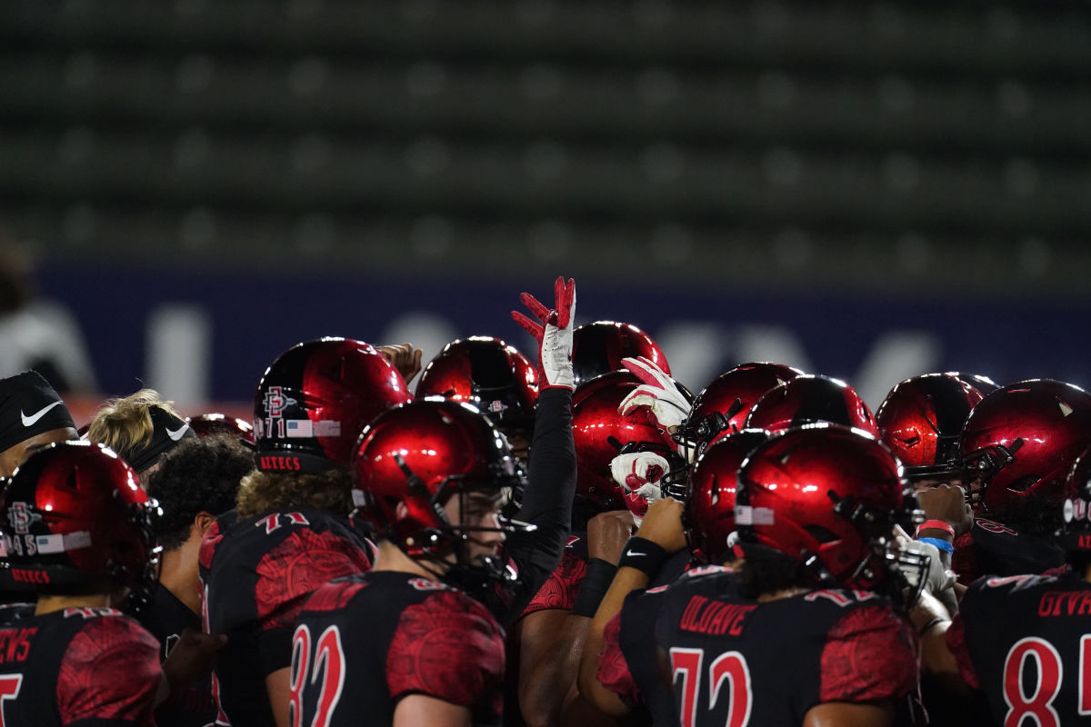 Nov 6, 2020; Carson, California, USA; A general view as San Diego State Aztecs players huddle in the first half against the San Jose State Spartans at Dignity Health Sports Park. Mandatory Credit: Kirby Lee-USA TODAY Sports