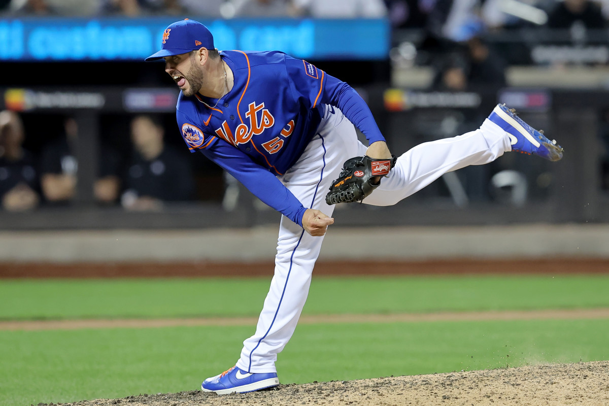 Jun 14, 2023; New York City, New York, USA; New York Mets relief pitcher Dominic Leone (50) follows through on a pitch against the New York Yankees during the tenth inning at Citi Field.