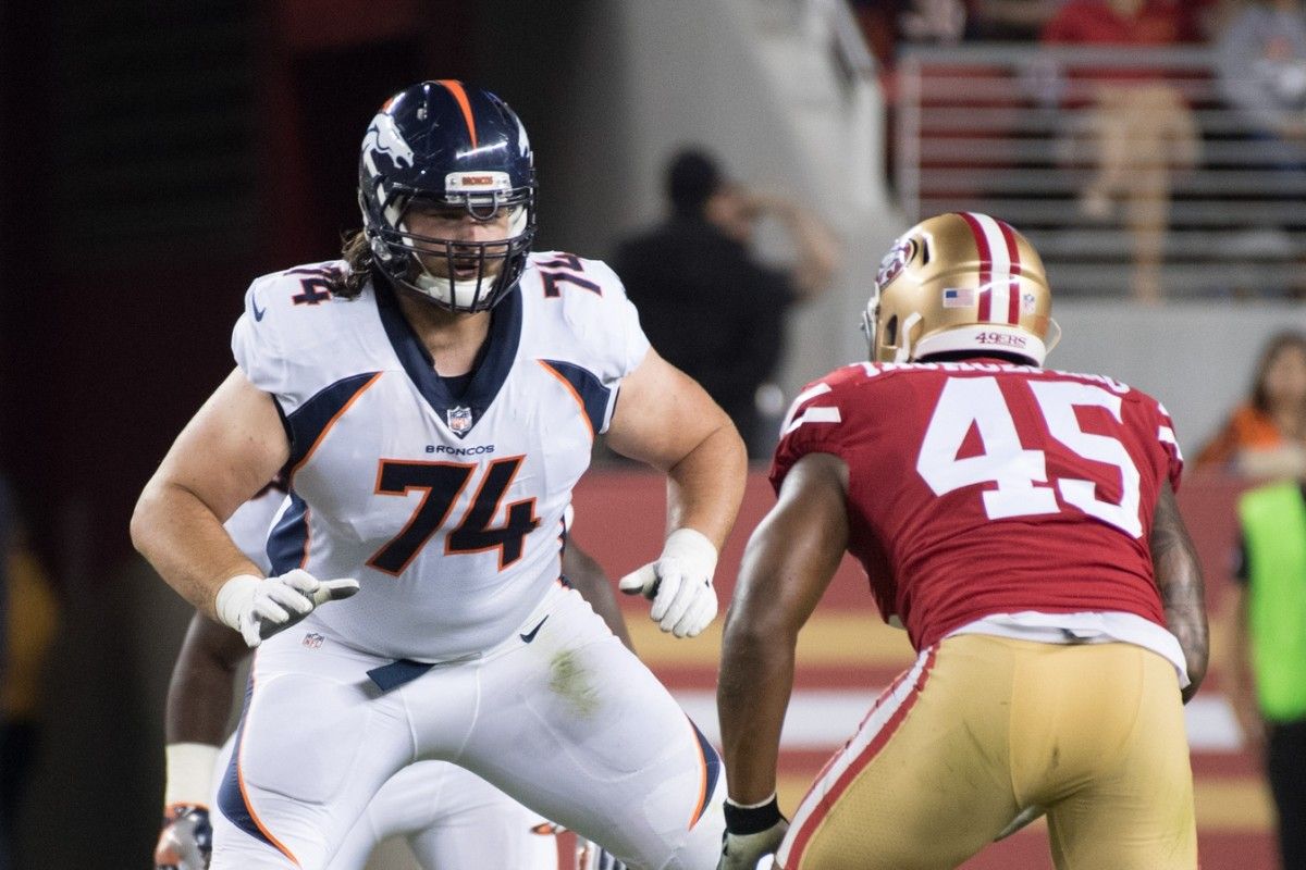 Denver Broncos offensive lineman Ty Sambrailo (74) blocks San Francisco 49ers linebacker Pita Taumoepenu (45) during the third quarter at Levi's Stadium. The Broncos defeated the 49ers 33-14.