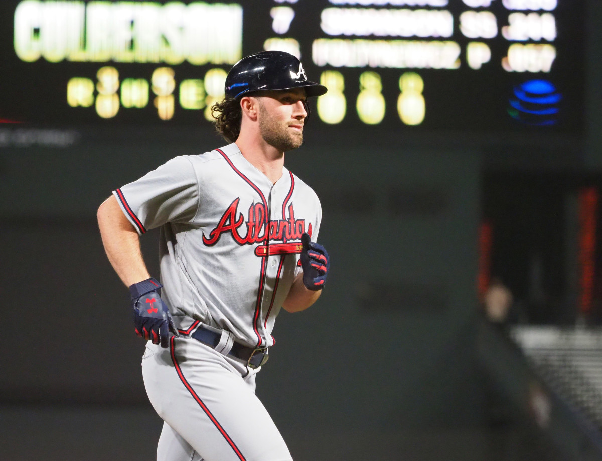 Atlanta Braves shortstop Charlie Culberson runs the bases after hitting a two-run home run against the SF Giants. (2018)