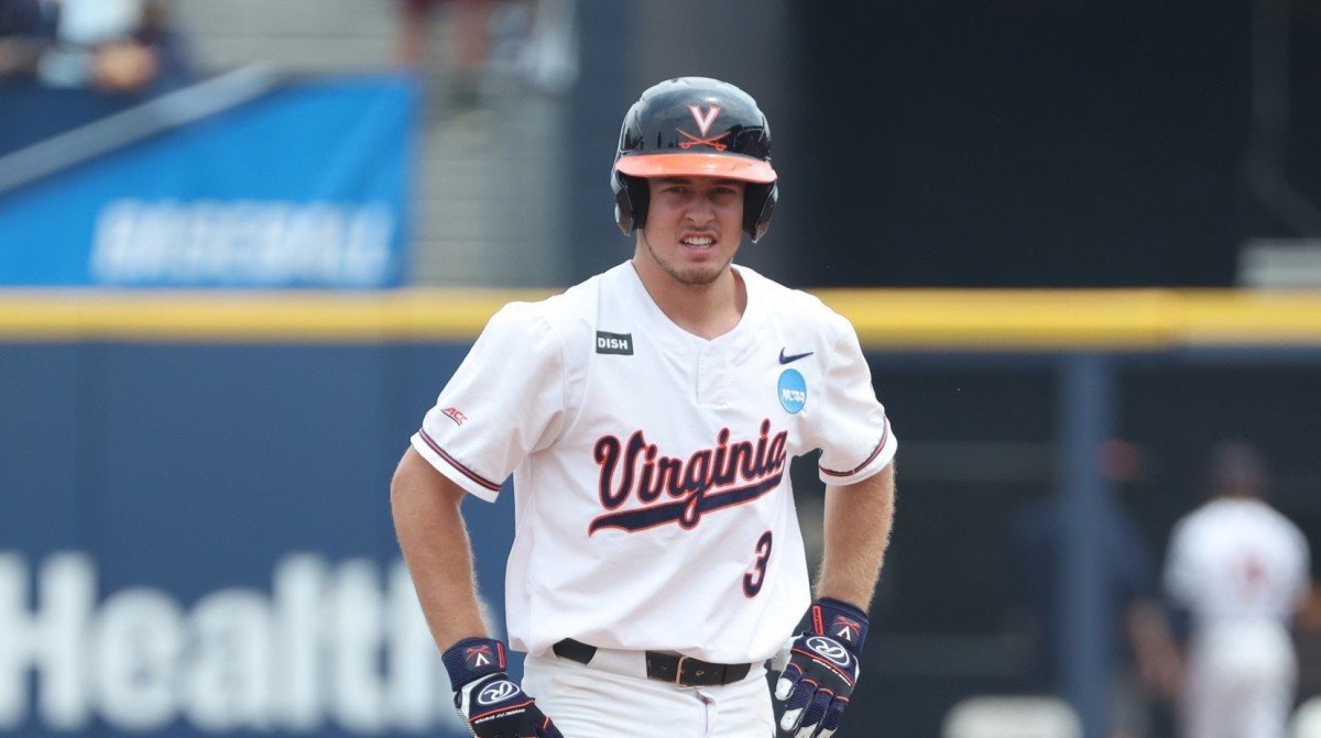 Kyle Teel stands on second base during the Virginia baseball game against Duke in the Charlottesville Super Regional at the NCAA Baseball Tournament at Disharoon Park.