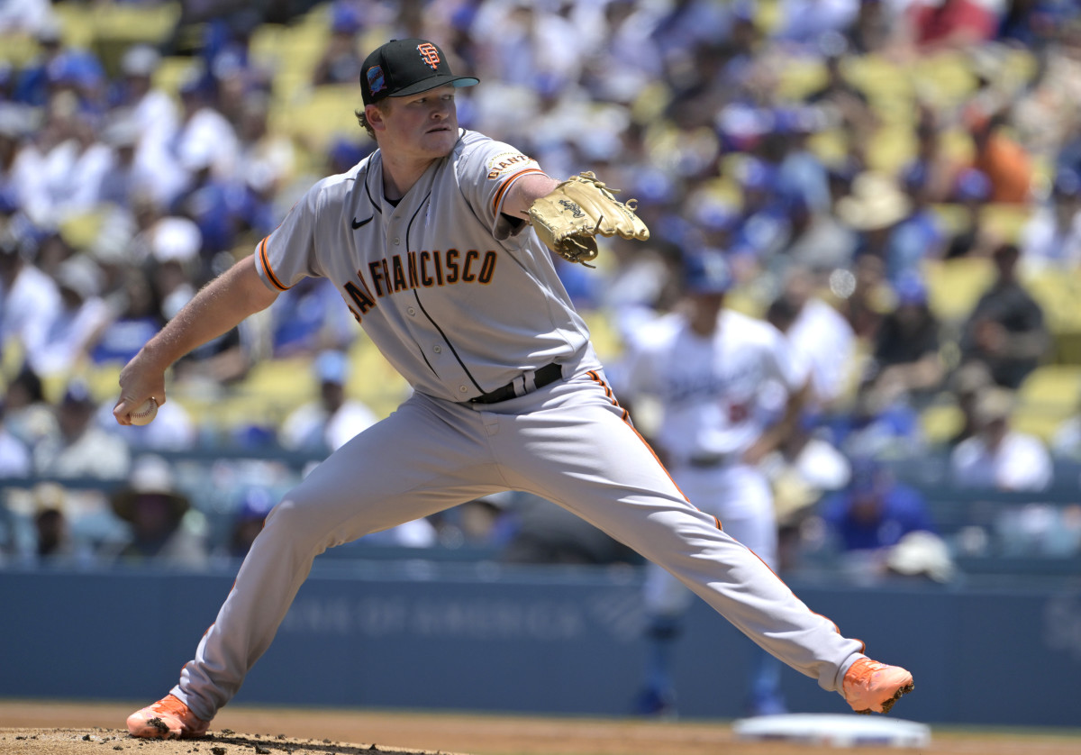 SF Giants starting pitcher Logan Webb throws to the plate in the first inning against the Los Angeles Dodgers on June 18, 2023.