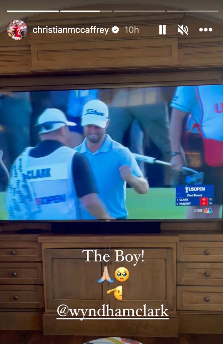 Christian McCaffrey congratulates Wyndham Clark for winning 2023 U.S. Open.