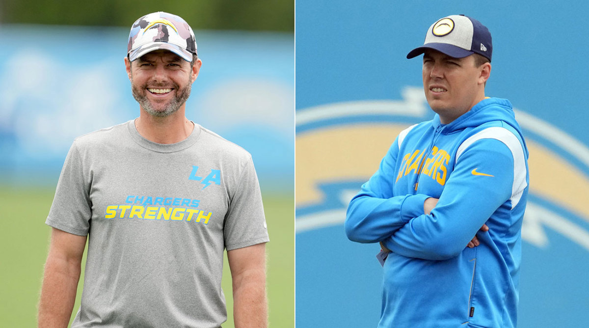 Separate photos of Chargers coaches Brandon Staley and Kellen Moore