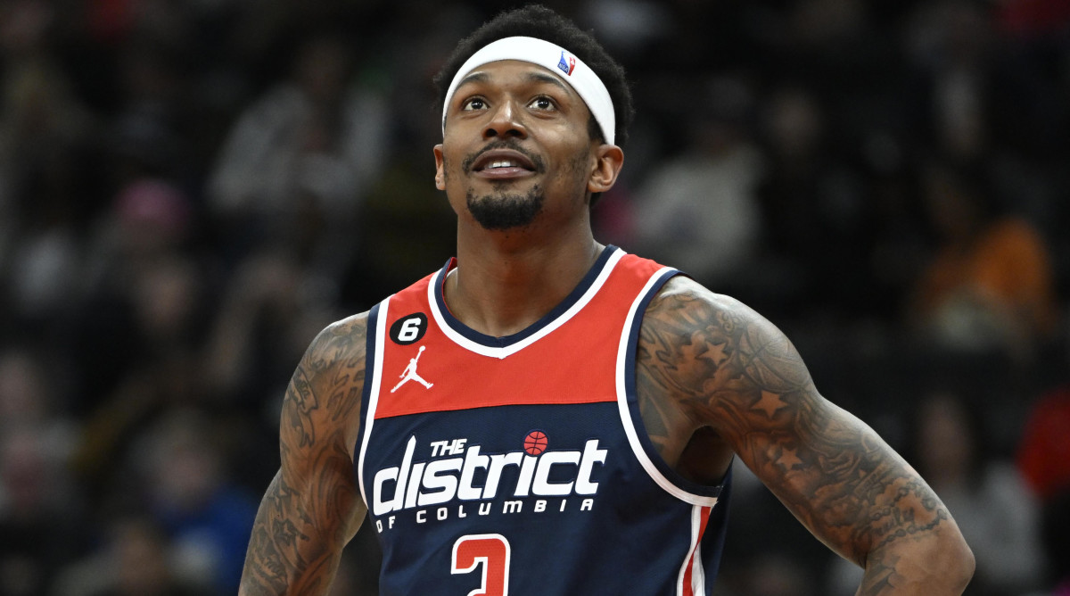 Washington Wizards guard Bradley Beal looks at the scoreboard against the Sacramento Kings.