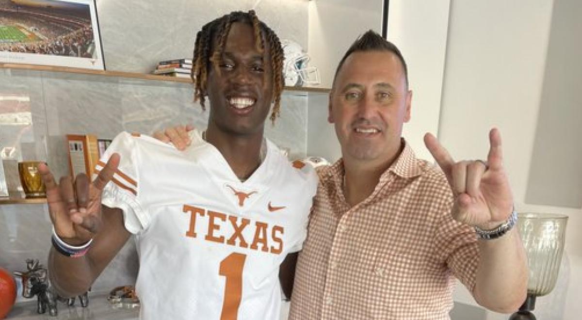 Freddie Dubose Jr., 2024 WR, pictured with Steve Sarkisian, Texas HC