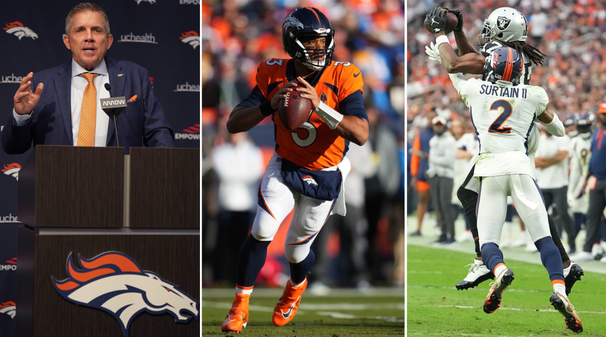 Sean Payton speaks at a podium with the Broncos logo; Russell Wilson runs with the ball held ready to throw; Patrick Surtain II defends a Raiders player, reaching for the ball from behind