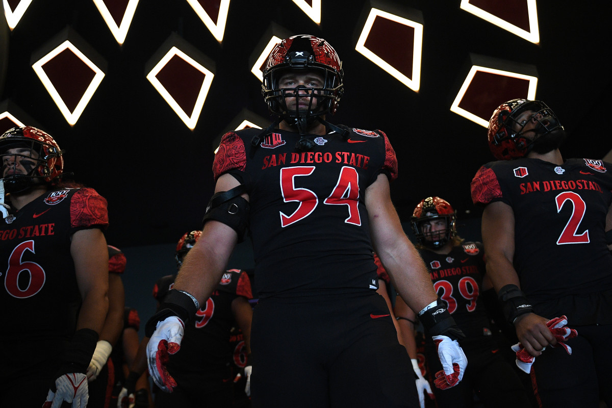 Sep 24, 2022; San Diego, California, USA; San Diego State Aztecs linebacker Caden McDonald (54) looks on before the game against the Toledo Rockets during the second half at Snapdragon Stadium. Mandatory Credit: Orlando Ramirez-USA TODAY Sports