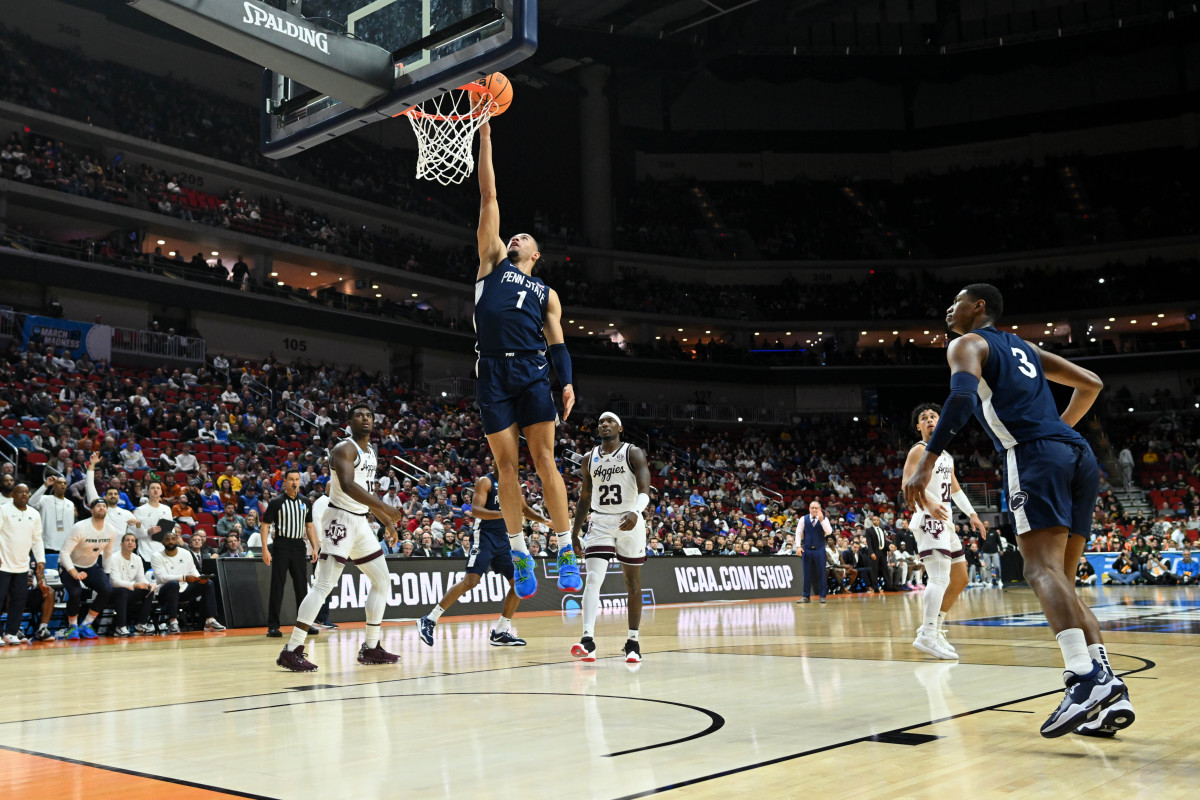Penn State's Seth Lundy shoots against Texas A&M in the first round of the 2023 NCAA Men's Basketball Tournament.
