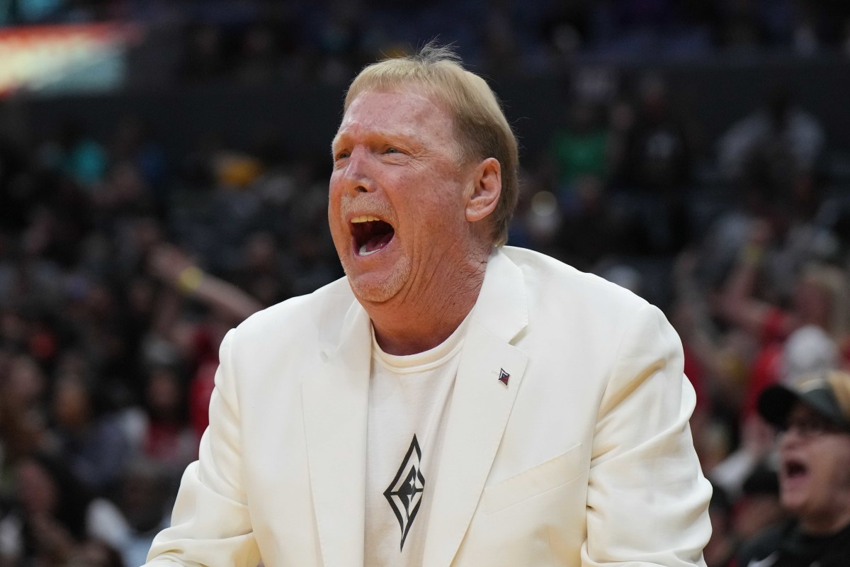 May 25, 2023; Los Angeles, California, USA; Las Vegas Aces and Las Vegas Raiders owner Mark Davis reacts during the second half against the LA Sparks at Crypto.com Arena. Mandatory Credit: Kirby Lee-USA TODAY Sports
