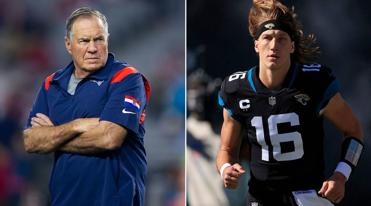 Separate photos of Bill Belichick and Trevor Lawrence