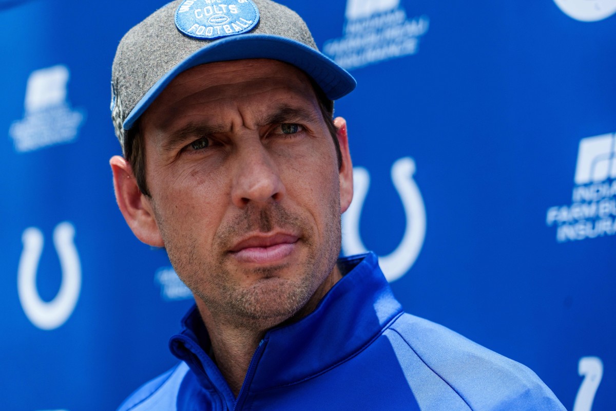 June 14, 2023; Indianapolis, IN, USA; Indianapolis Colts head coach Shane Steichen speaks with media Wednesday, June 14, 2023, after mandatory minicamp at the Indiana Farm Bureau Football Center in Indianapolis.