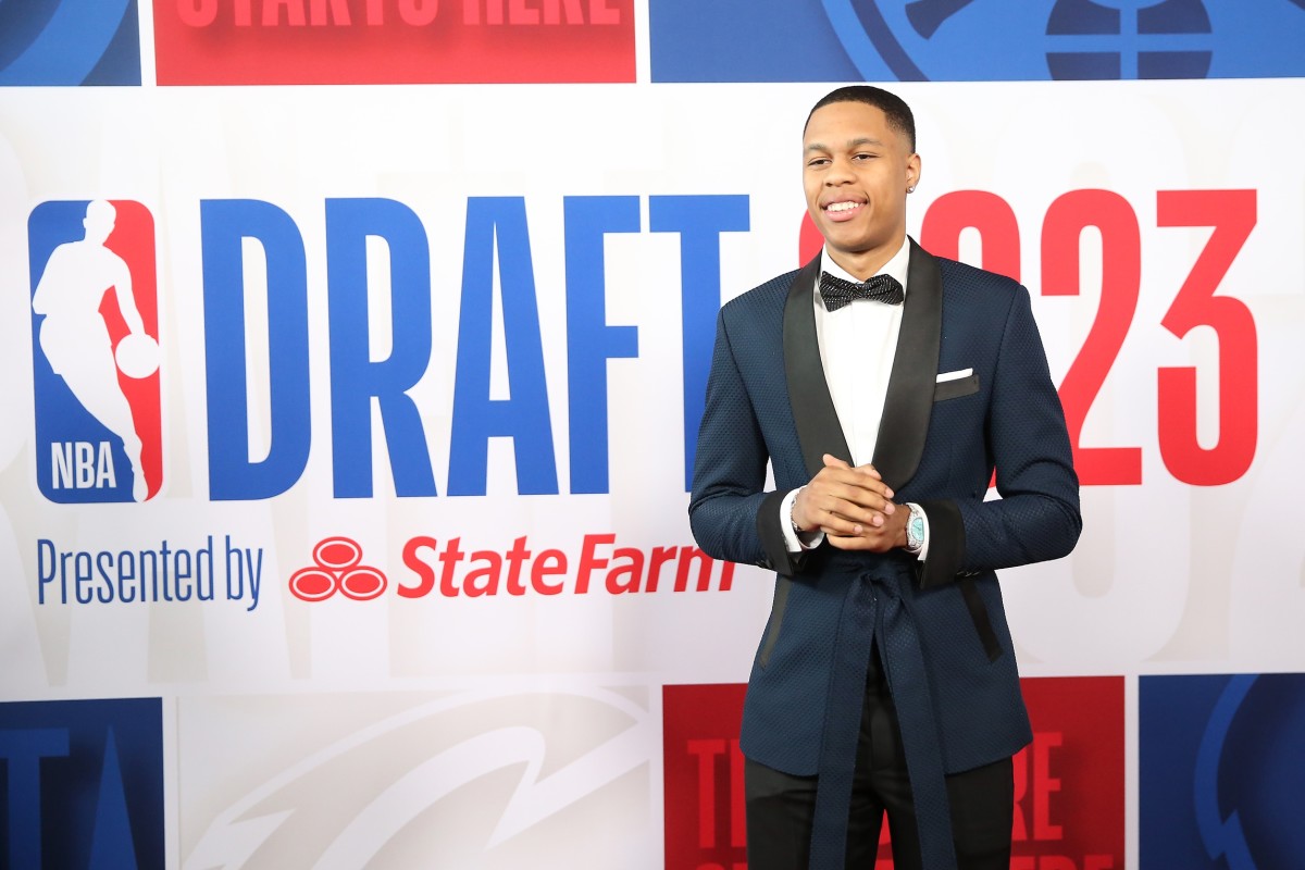 Jordan Hawkins (UConn arrives for the first round of the 2023 NBA Draft at Barclays Arena.