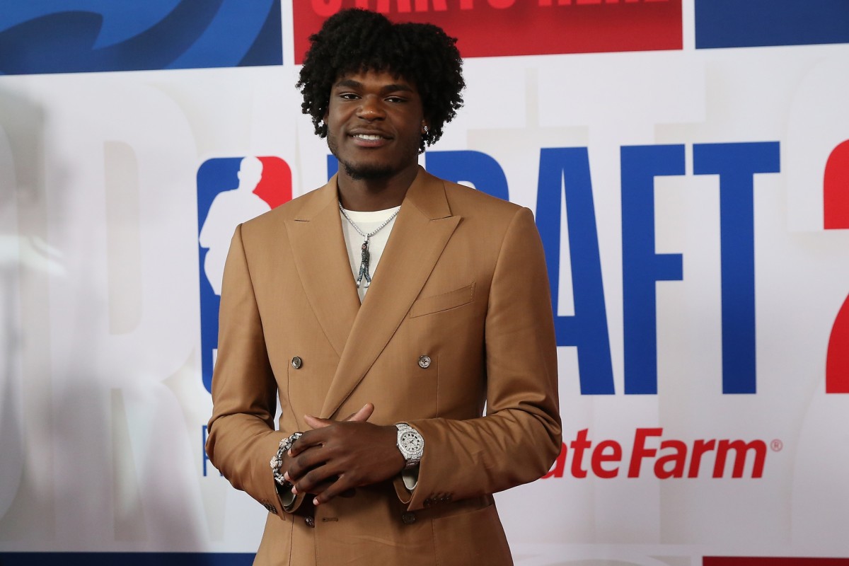 Jarace Walker (Houston) arrives for the first round of the 2023 NBA Draft at Barclays Arena.