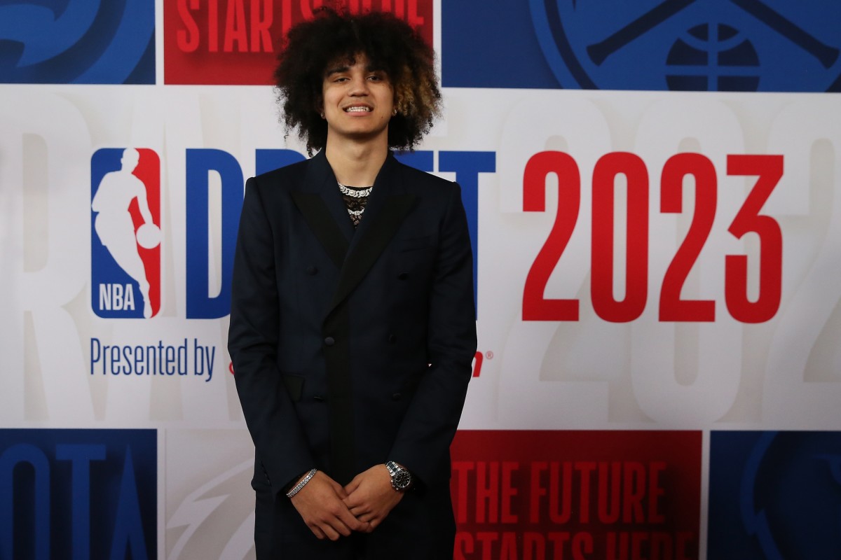 Anthony Black (Arkansas) arrives for the first round of the 2023 NBA Draft at Barclays Arena.