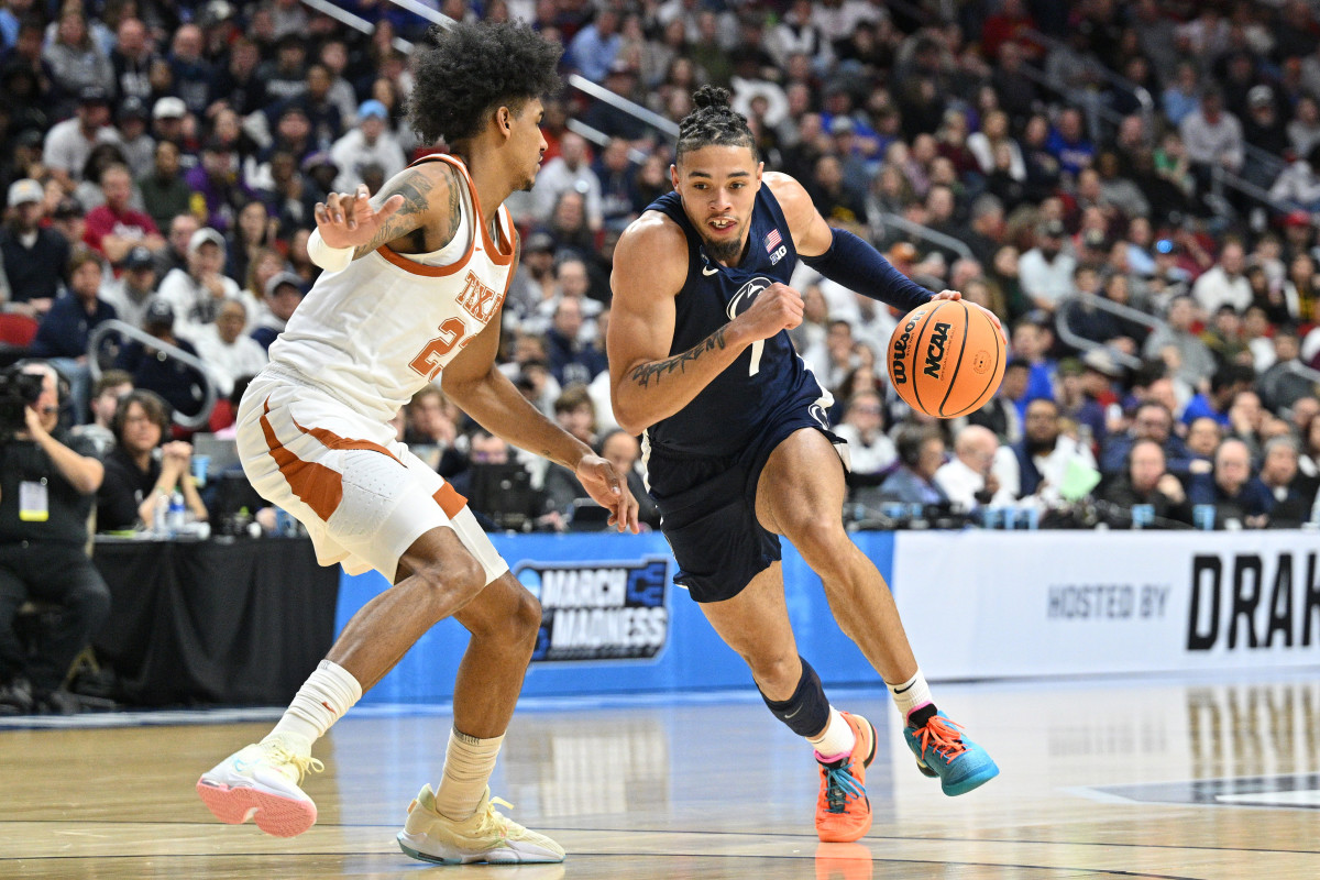 Penn State's Seth Lundy drives to the basket against Texas in the second round of the 2023 NCAA Men's Basketball Tournament.