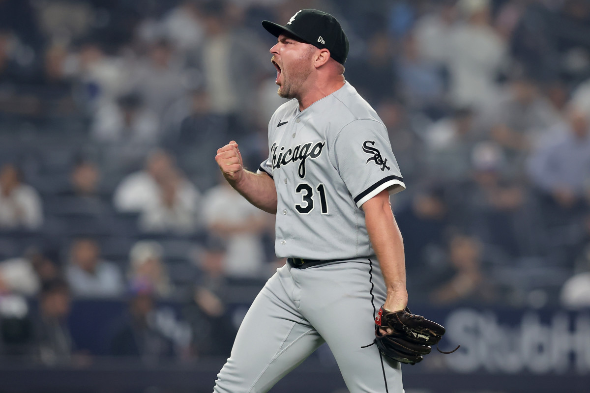 Chicago White Sox relief pitcher Liam Hendriks reacts after getting the final out against the New York Yankees. (2023)