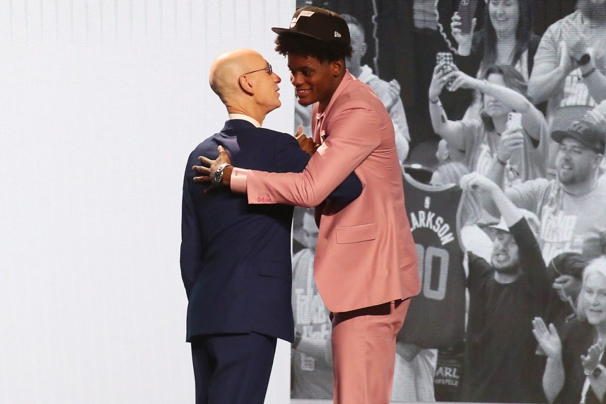 Taylor Hendricks (UCF) is greeted by NBA commissioner Adam Silver after being selected ninth by the Utah Jazz in the first round of the 2023 NBA Draft at Barclays Arena.