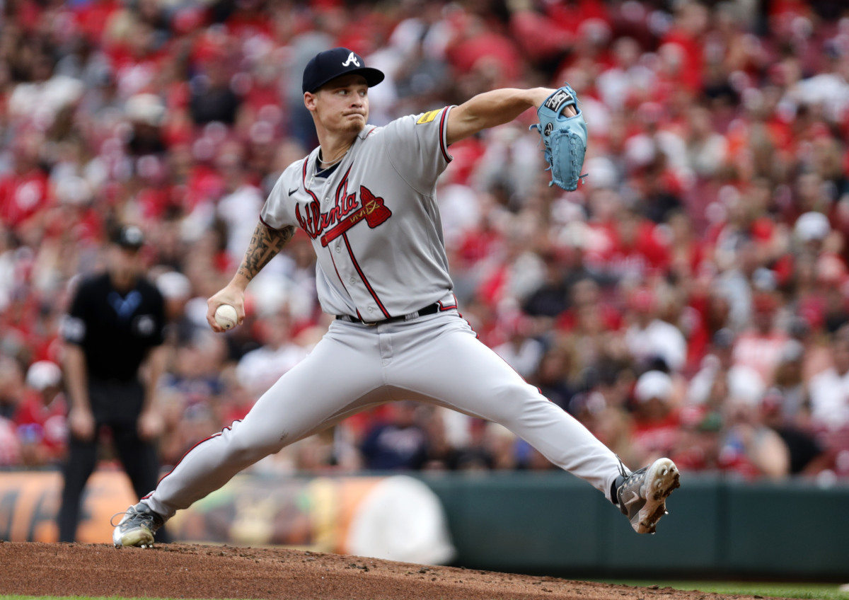 Jun 23, 2023; Cincinnati, Ohio, USA; Atlanta Braves starting pitcher AJ Smith-Shawver (62) throws a pitch against the Cincinnati Reds during the first inning at Great American Ball Park.