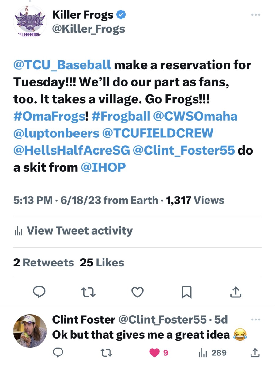 TCU baseball didn't have breakfast at iHop for game one of the College World Series. They won't make that mistake twice.
