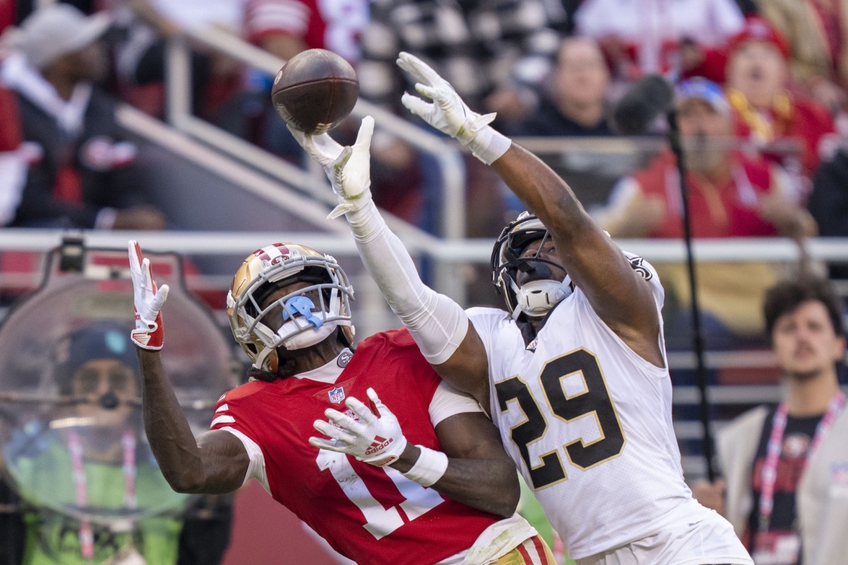 New Orleans Saints cornerback Paulson Adebo (29) deflects a throw intended for San Francisco 49ers wide receiver Brandon Aiyuk (11). Mandatory Credit: Kyle Terada-USA TODAY Sports