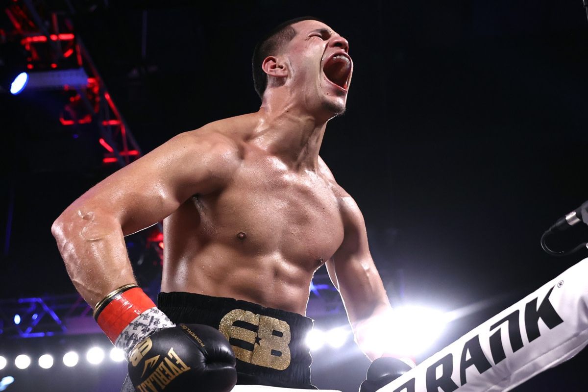 Puerto Rican boxing star Edgar Berlanga celebrates following a KO victory.