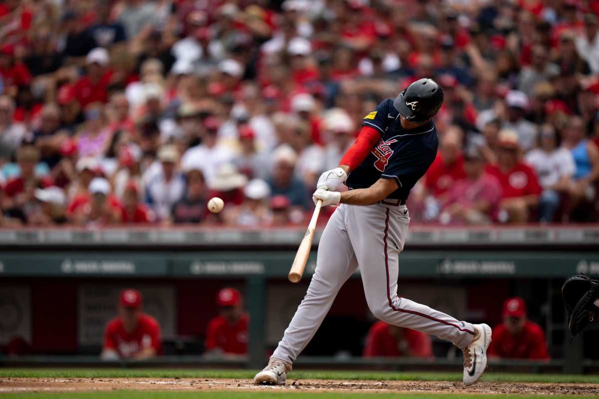Atlanta Braves first baseman Matt Olson (28) hits a base hit in the third inning of the MLB baseball game between the Cincinnati Reds and the Atlanta Braves at Great American Ball Park in Cincinnati on Saturday, June 24, 2023.