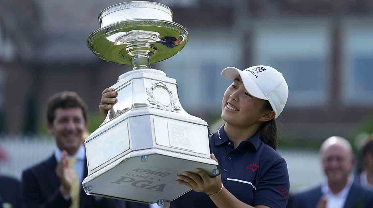 Ruoning Yin holds the trophy after winning the 2023 KPMG Women's PGA Championship.