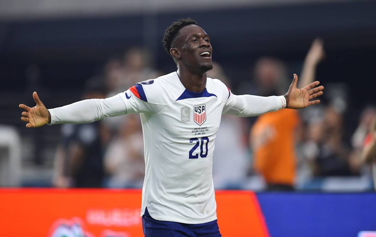 Folarin Balogun pictured celebrating after scoring his first international goal for the USMNT in the 2023 CONCACAF Nations League final against Canada