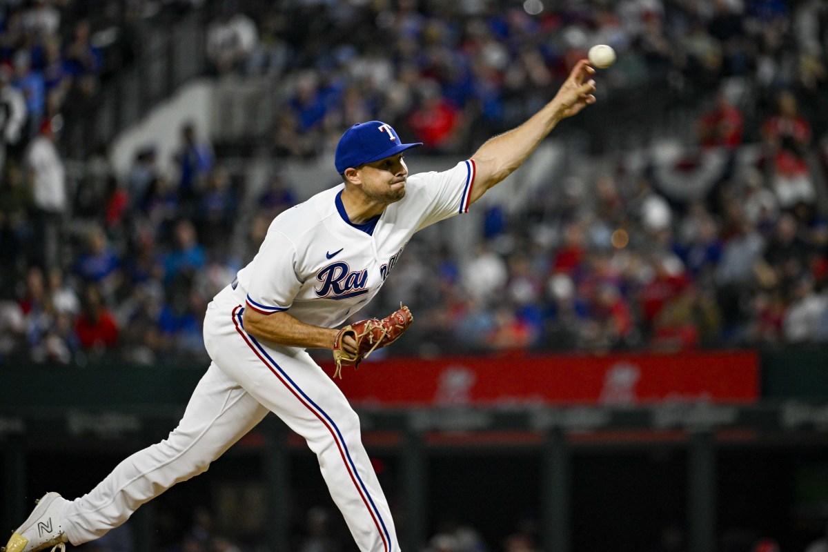 Mar 30, 2023; Arlington, Texas, USA; Texas Rangers relief pitcher Brock Burke (46) in action during the game between the Texas Rangers and the Philadelphia Phillies at Globe Life Field. Mandatory Credit: Jerome Miron-USA TODAY Sports