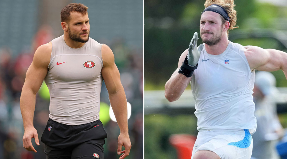 Separate photos of Nick and Joey Bosa working out.