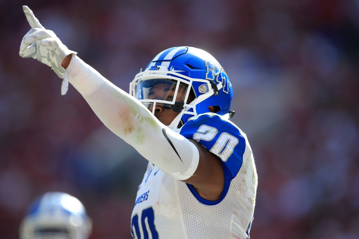Middle Tennessee Blue Raiders safety Kevin Byard (20) reacts after intercepting the ball against the Alabama Crimson Tide at Bryant-Denny Stadium in 2015.