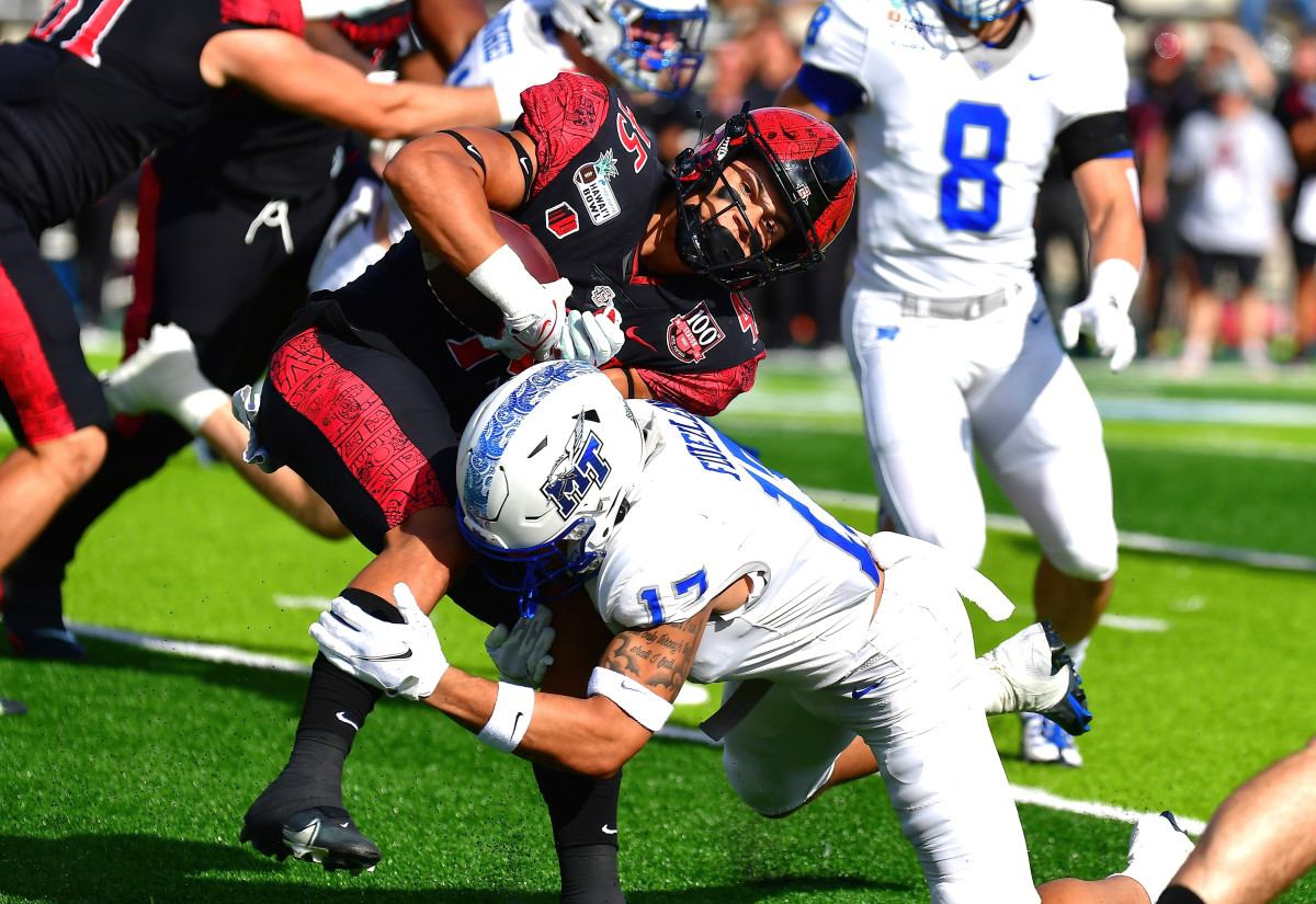 Middle Tennessee Blue Raiders safety Tra Fluellen (17) hits San Diego State Aztecs wide receiver Jesse Matthews (45) during the first quarter of the Hawaii Bowl at Ching Complex.