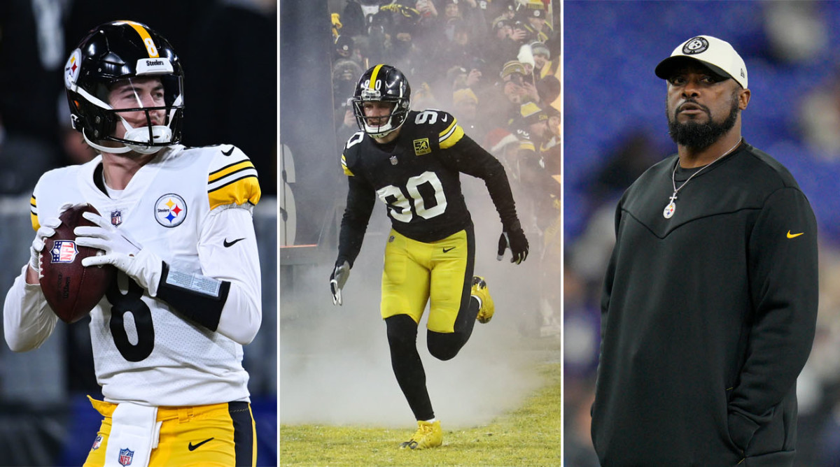 Kenny Pickett holds the ball ready to throw; T.J. Watt runs onto the field with smoke behind him; Mike Tomlin stands with his hands in his pocket