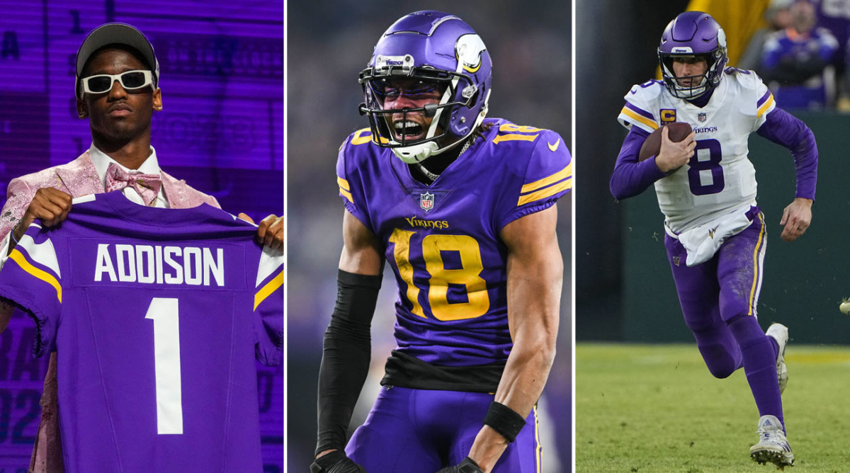 Jordan Addison stands holding his new jersey with his last name; Justin Jefferson yells and flexes his arms down; Kirk Cousins runs with the ball