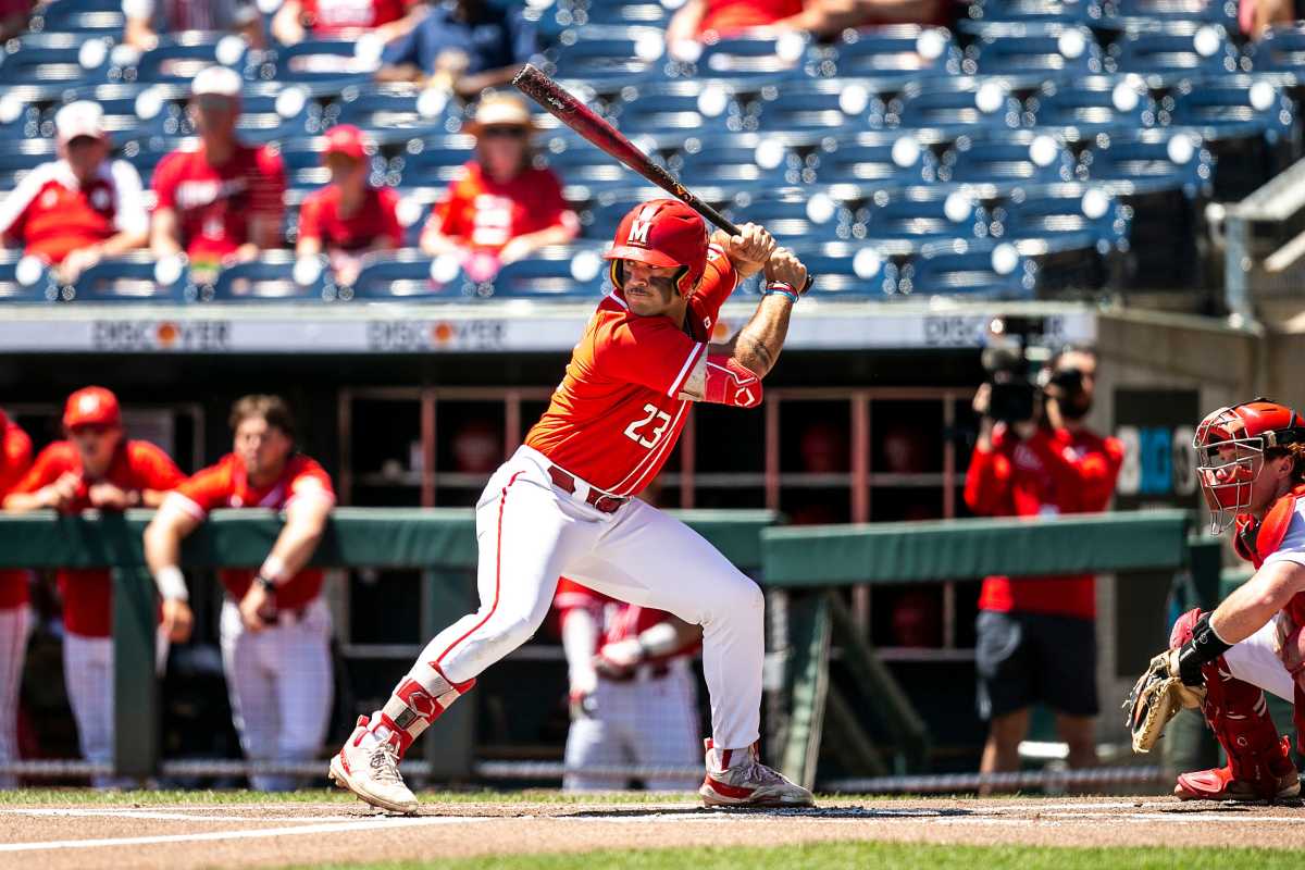 Maryland's Ian Petrutz bats during a semifinal game of the Big Ten Baseball Tournament against Nebraska, Saturday, May 27, 2023, at Charles Schwab Field in Omaha, Neb.